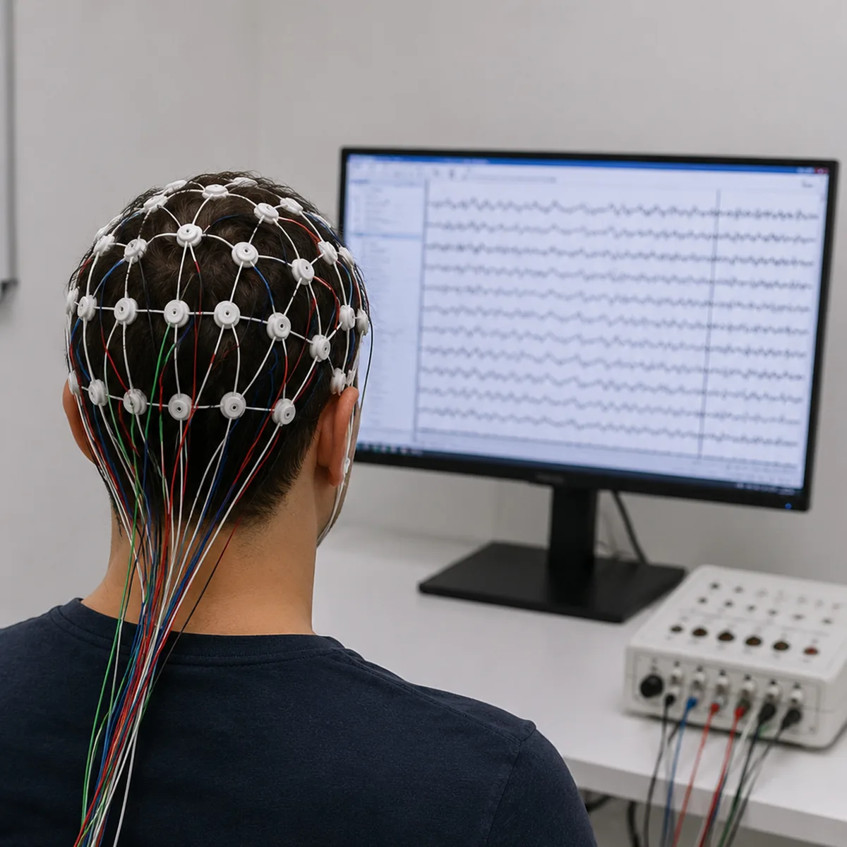 Touca de eletrodos vista por trás durante um eletroencefalograma, com o traçado no monitor à frente